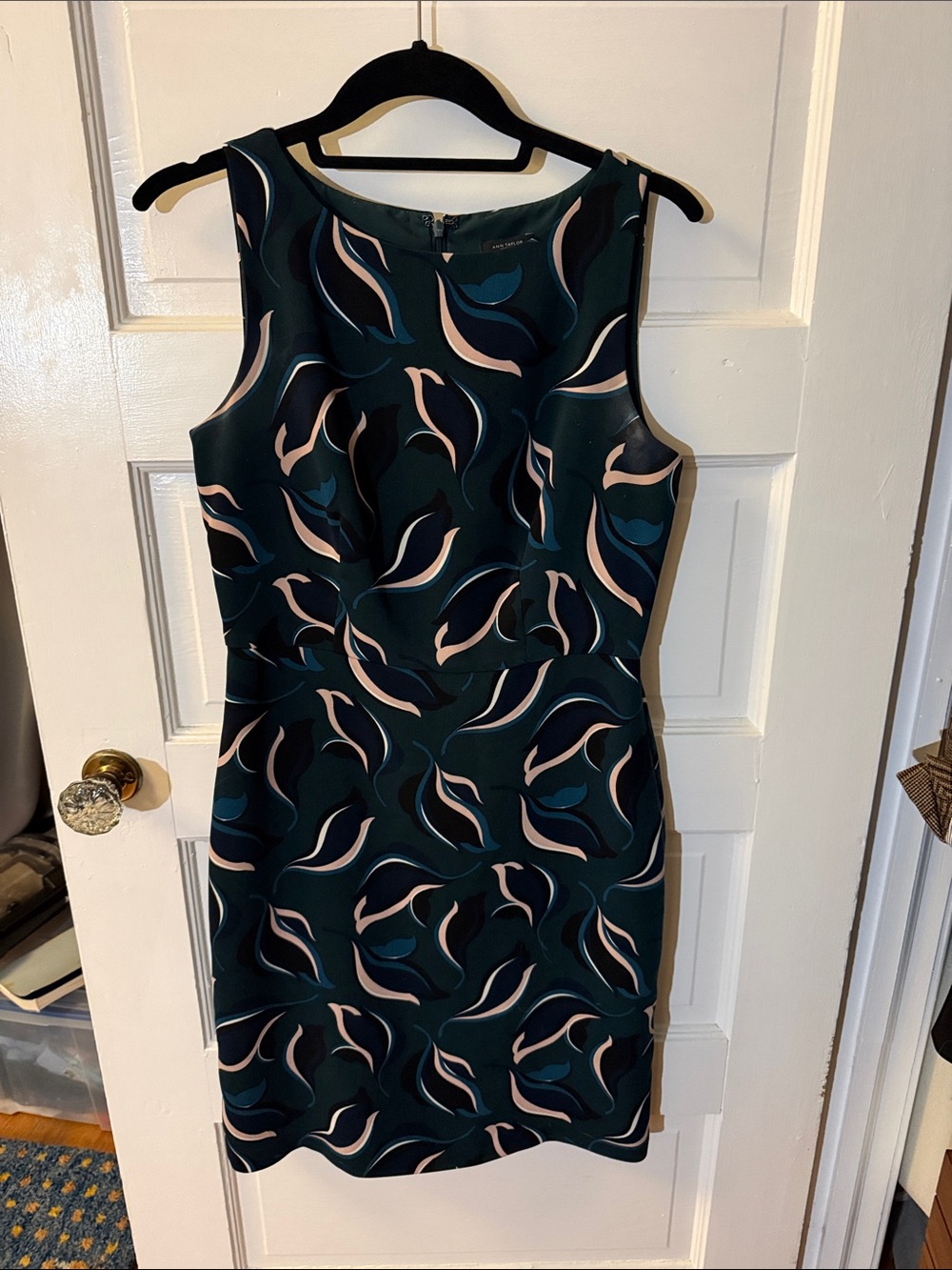 Ann Taylor Factory Teal, Navy & Blush Printed Midi Sheath Dress